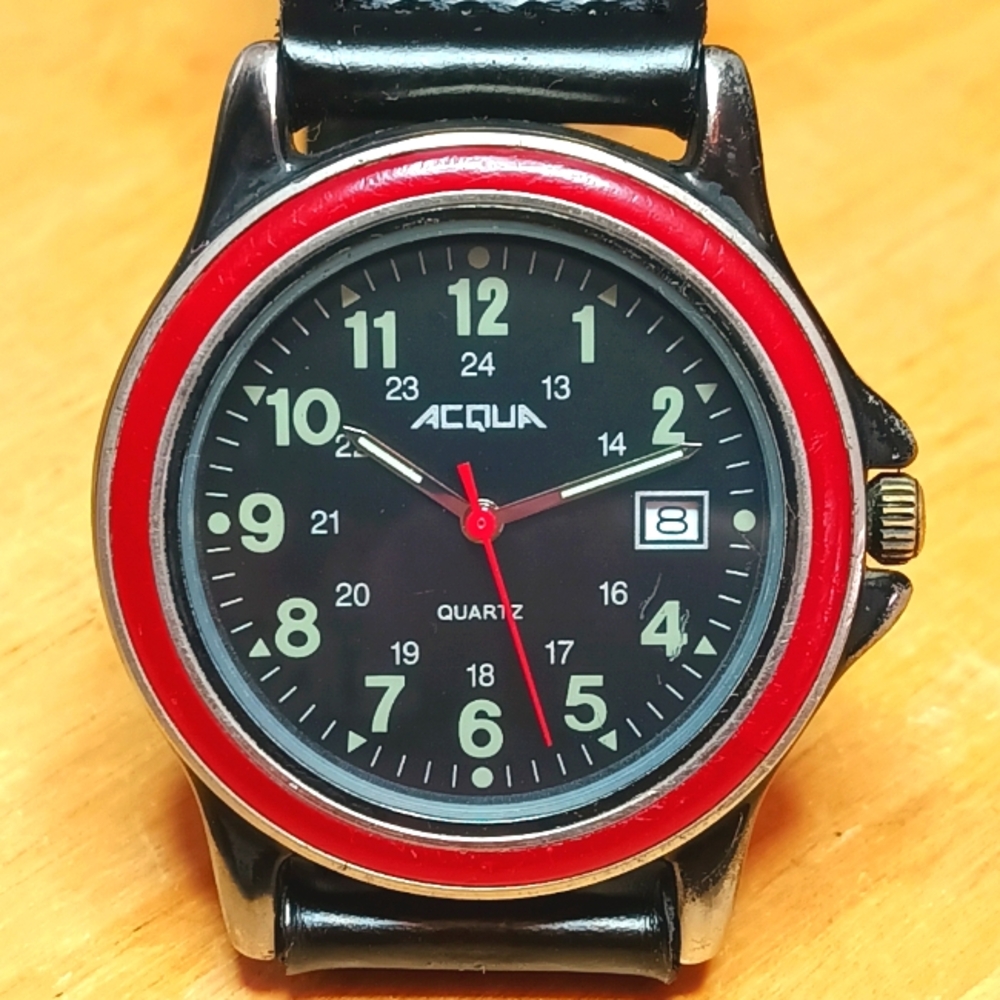 X Timex Acqua Military Black and Red Quartz 3 Hand Movement Date New Black